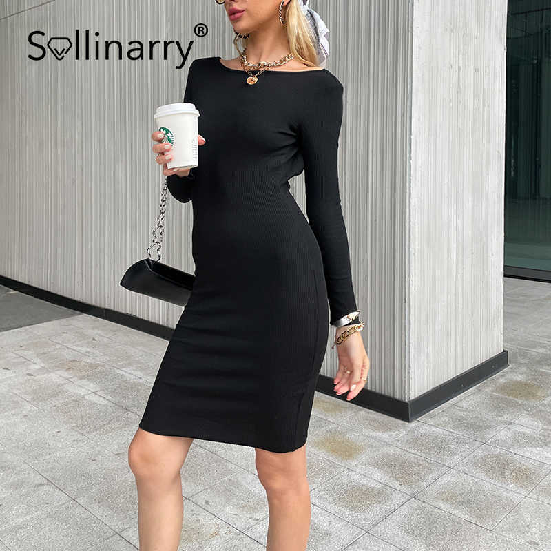 

Sollinarry Elegant chain solid backless women knitted dress High street long sleeves black dress autumn Sexy slim o-neck vestido 210709, White