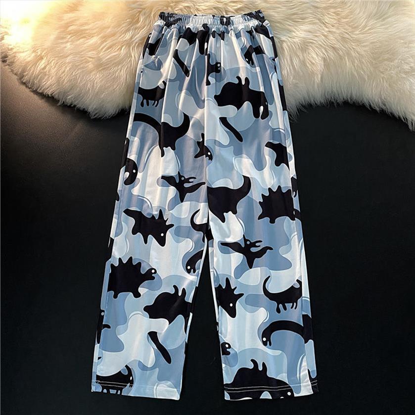 

summer wide leg dinosaur womens pant print high waist loose japanese harajuku commute ankle length cool sweatpants, Black;white