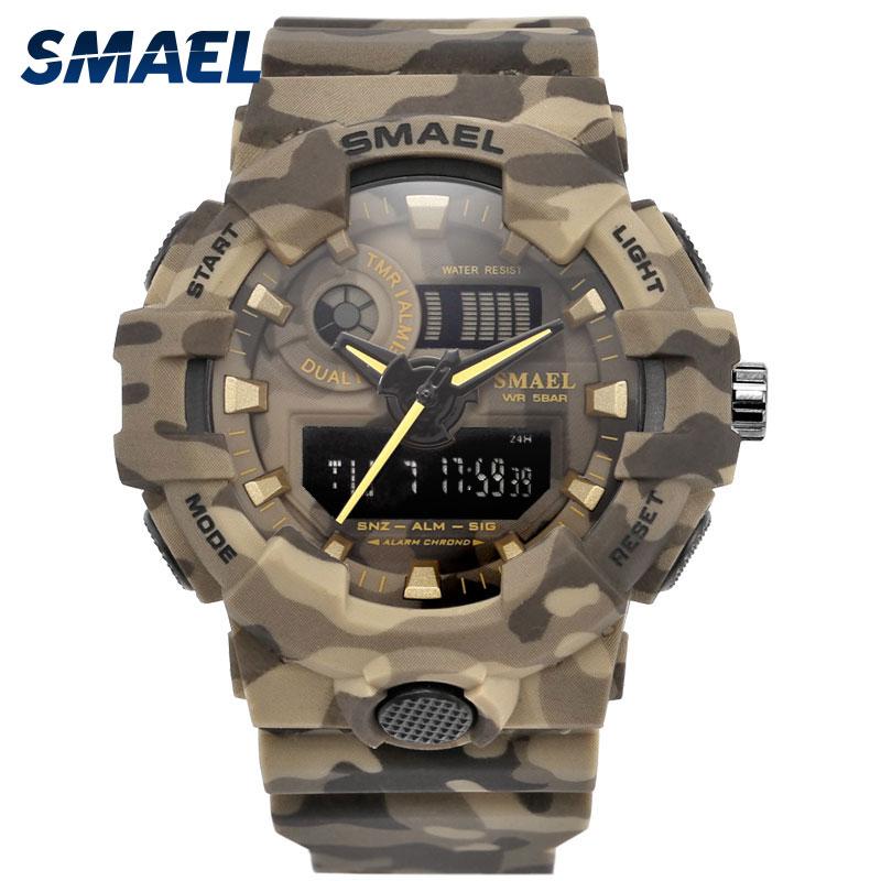 

Wristwatches Camouflage Military Watch SMAEL Brand Sport Watches LED Quartz Clock Men Wristwatch 8001 Mens Army Waterproof, Khaki
