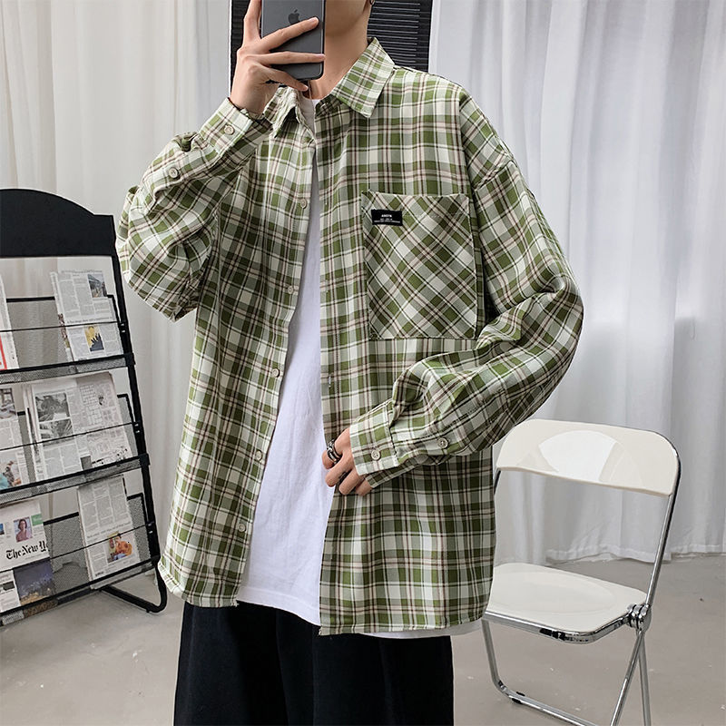 

2021 New Spring Cotton Plaid Men's Fashion Hit Color Retro Casual Shirt Men Streetwear Long-sleeved Shirts Mens M-2xl Pmwd, Orange