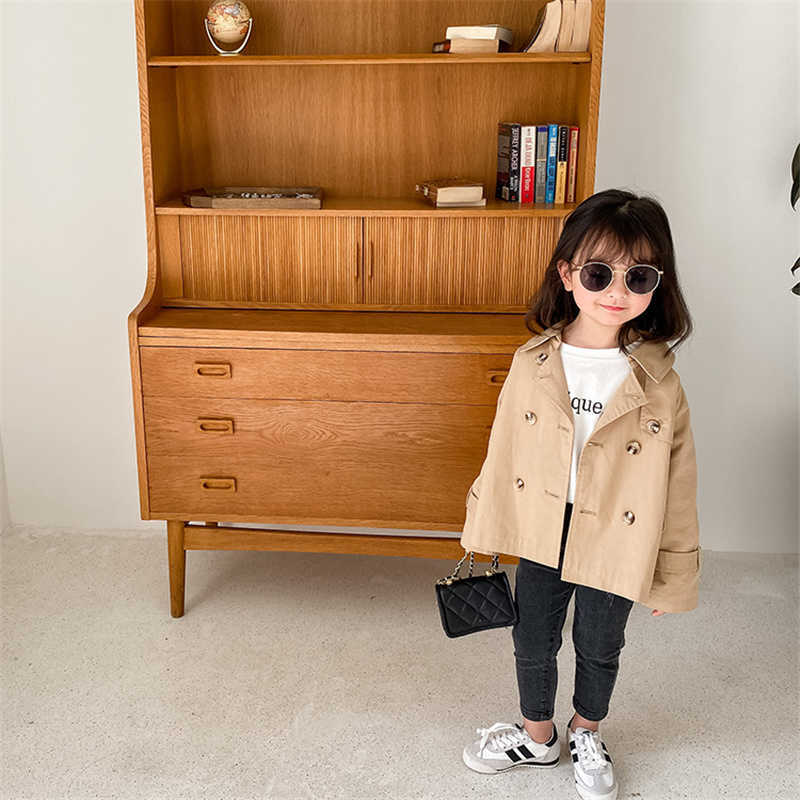 

Spring boys girls fashion short style trench coats korean unisex kids double-breasted casual windbreaker Clothes 210615, Khaki
