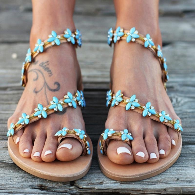 

New women sandals summer gladiator flats handmade rhinestone bohemia shoes ladies open toe flip flop casual beach sandals, As pic
