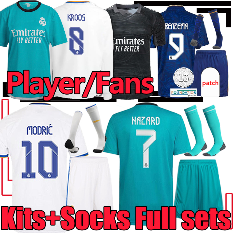 

real Madrid Men+Kids Kits sock sets 21/22 soccer jerseys fans player version BENZEMA ALABA HAZARD CAMAVINGA ASENSIO MARCELO gk Long sleeve football shirt KROOS MODRIC, 21-22 goalkeeper