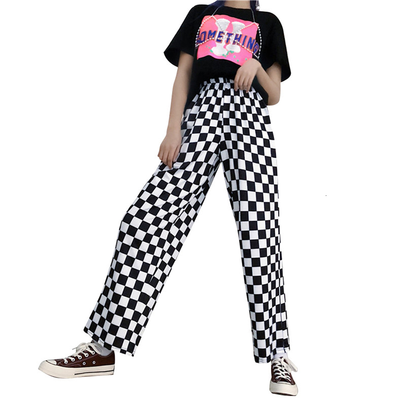 

2021 New Streetwear Women's Elastic Waist Total Length Black and White Casual Plaid Loose Straight Pants Qspn