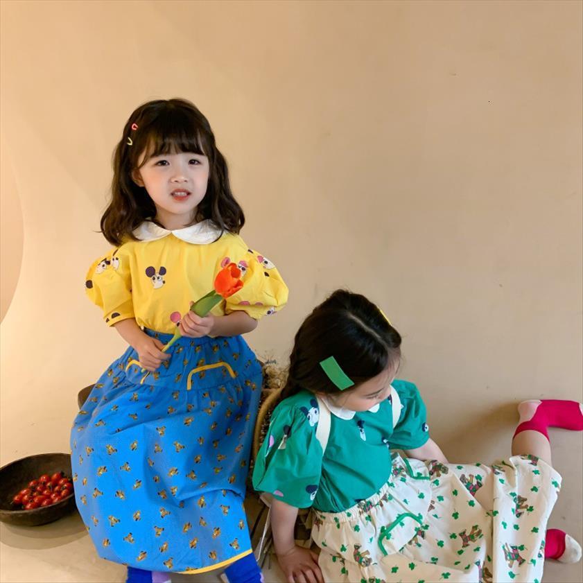 

children girls summer cartoon mouse cute baby puff short sleeve cotton fashion sweet lapel blouses, White;black