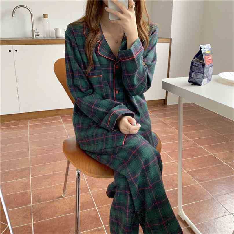 

Spring Two Pieces Suit Cardigans Casual Plaid Korean Nightwear Sweet Soft Homewear Loose Fashion Pajamas Sets 210525, Photo color