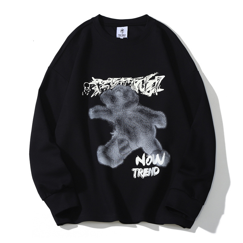

Sweatshirts Black bear graffiti printed hoodless sweater mens high street fashion brand loose round neck long sleeve Pullover Hoodie, White