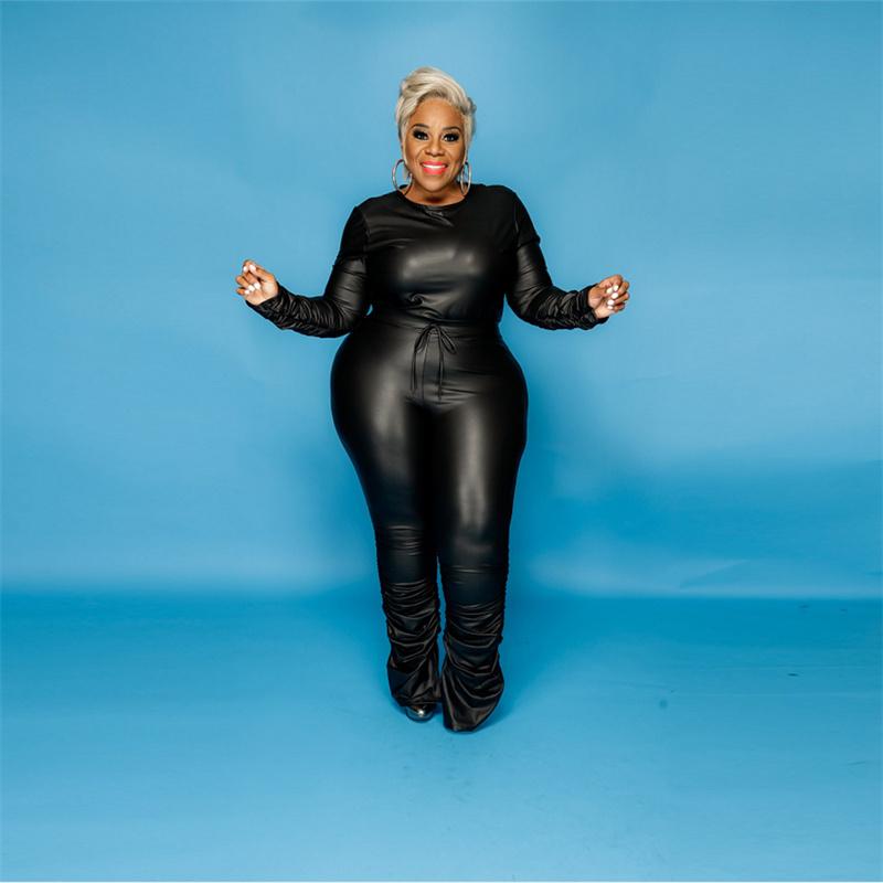

Plus Size Tracksuits PU Leather 2 Piece Set Women Casual Clothing Long Sleeve Lace Up Top Pleated Pants Suit Fashion Black Big Outfits