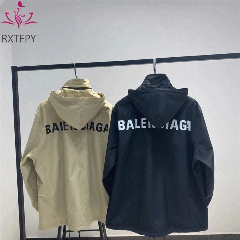 

Spring Autumn New Single Layer Outdoor Windproof Trench Men Women Letters Thin Can Stand Hooded Plus Size Windbreaker Coat Top p2WT#, Black