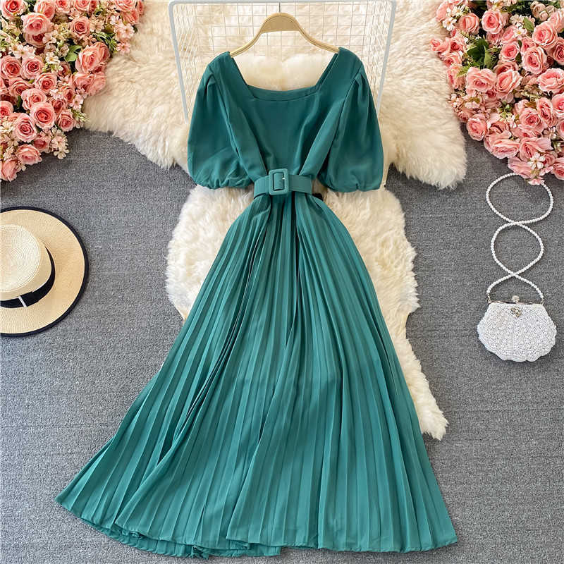 

Purple/Green/Red Pleated Long Dress Women Square Collar Puff Short Sleeve High Waist Draped Vestidos With Sashes Female Summer Y0603, Pink