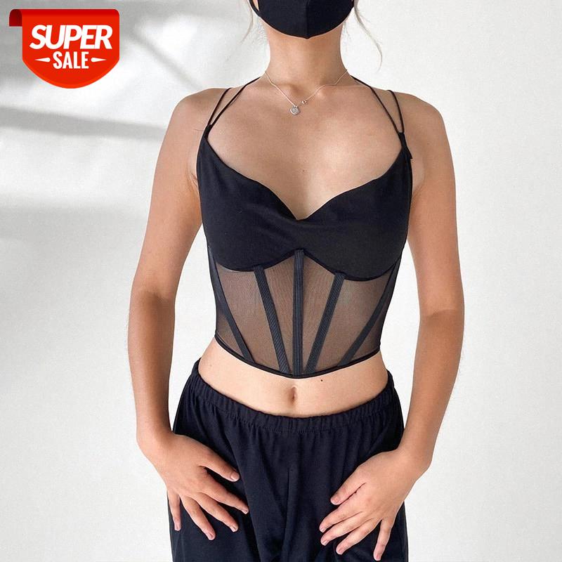 

HIRIGIN New Women Sexy Backless Bandage Mesh Patchwork Camis Vest 2021 Sleeveless Solid Slim Fit Lace Up Crop Tops Clubwear Tank #0d3F, White