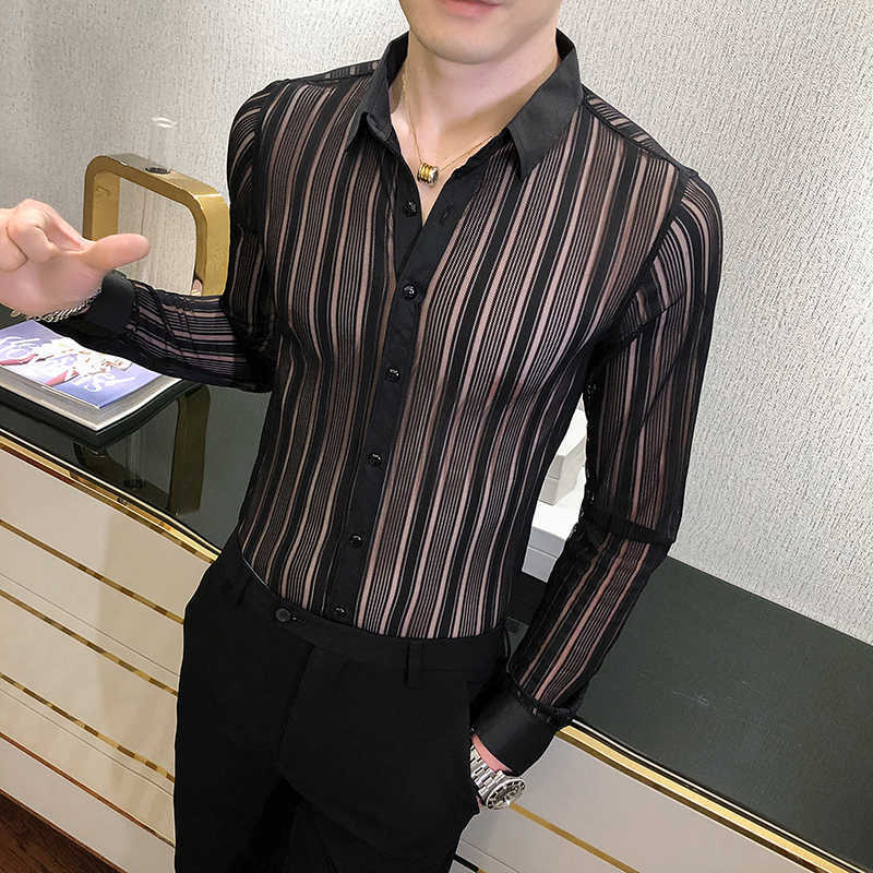 

Sexy Lace See-through Men Shirts Long-sleeved Slim Fit Casual Shirt Nightclub Show Party Blouse Streetwear Camisas Para Hombre 210527, Black