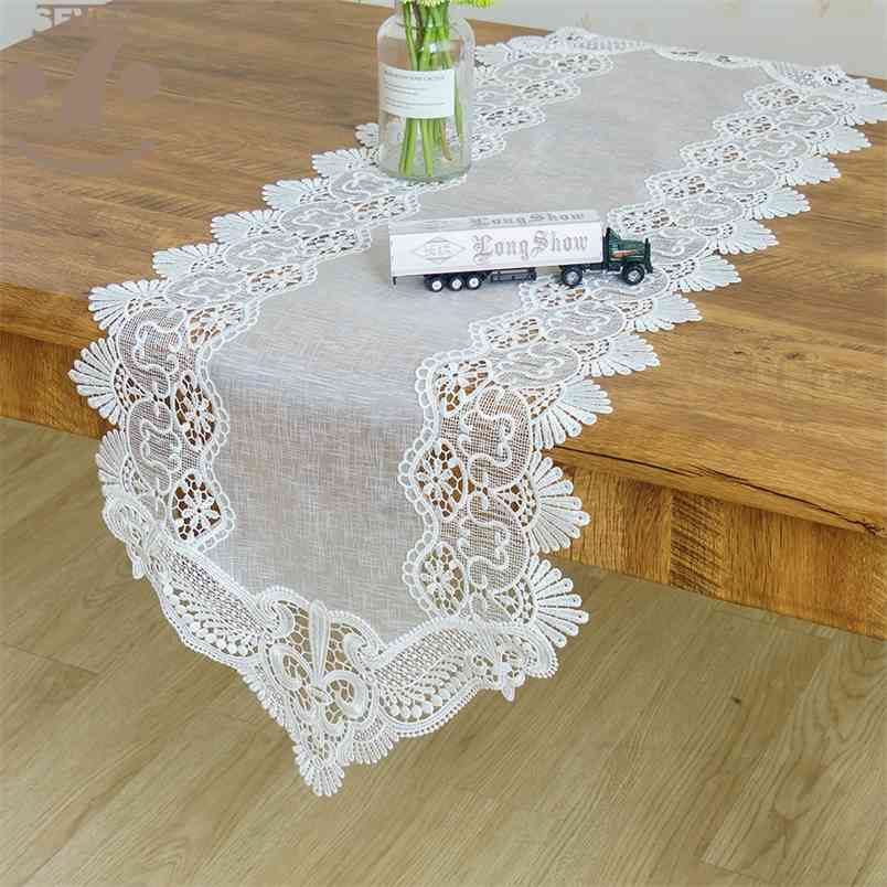 

Dining Banquet Coffee Table Decorative Embroidered White Elegant Vintage Mesh Runner For Wedding Party Events Decoration 210708