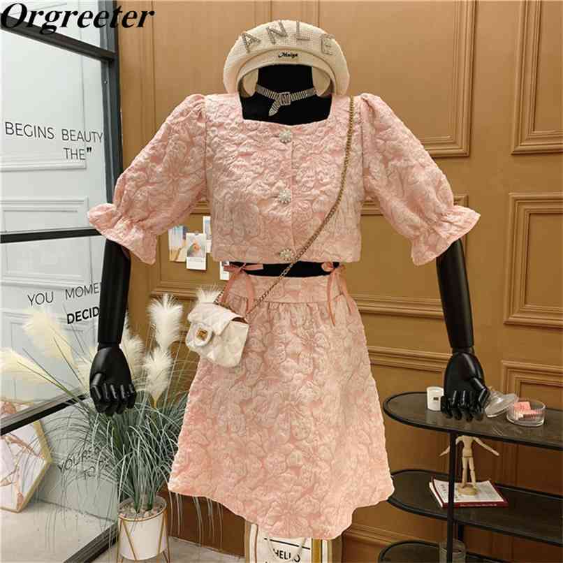 

Summer Fashion Sweet Square collar Puff sleeve Buttoned Crop top With Lace-up Bow A-line Skirt Jacquard Two-piece Sets 210602, Black