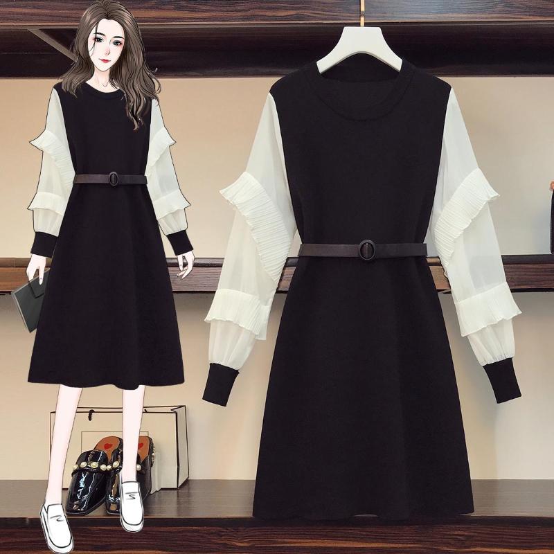 

Casual Dresses 2021 Winter Plus Size S-3XL Women Elegant Ladies Knit Dress Chiffon White Long Sleeve Party Black Loose Sweet Clothing, Black;gray