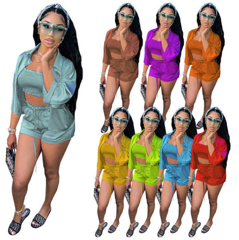 

Women Tracksuits 3 Piece Set Designer Sexy Solid Color High Elastic Satin Wave Edge Multi Needle Shirt Temperament Clothes 8 Colours, Purple