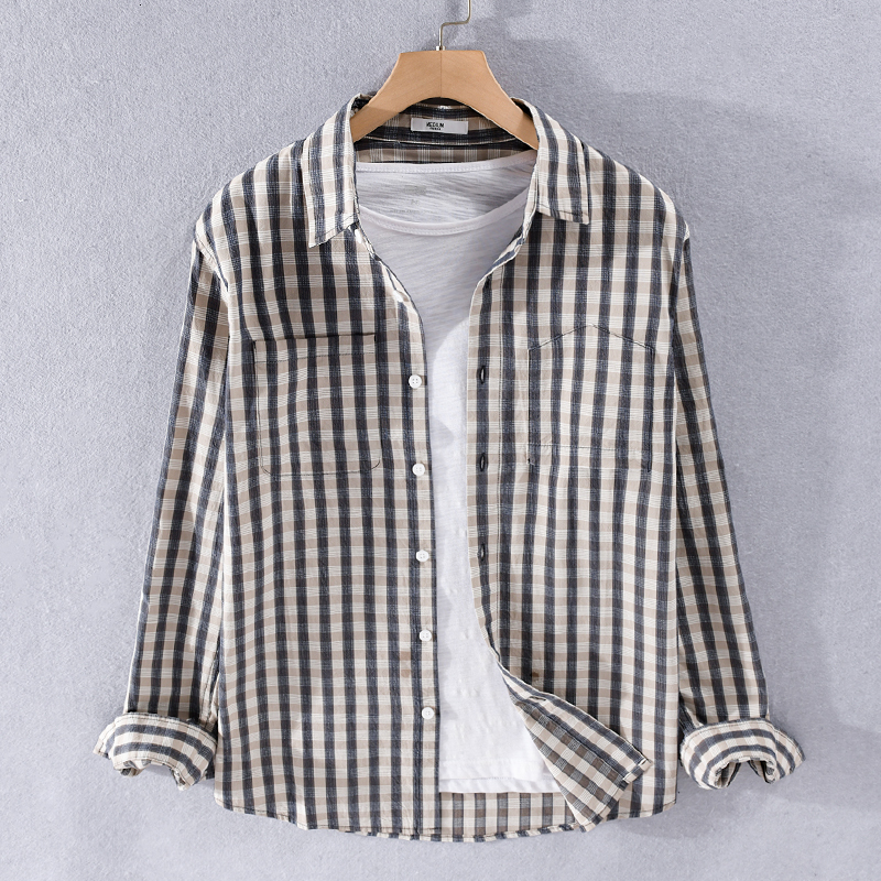 

2021 Spring and Fall in the Long Plaid of Male Cotton Fashion Italy Shirts for Men Casual Designer Shirt Upw8, Coffee plaid