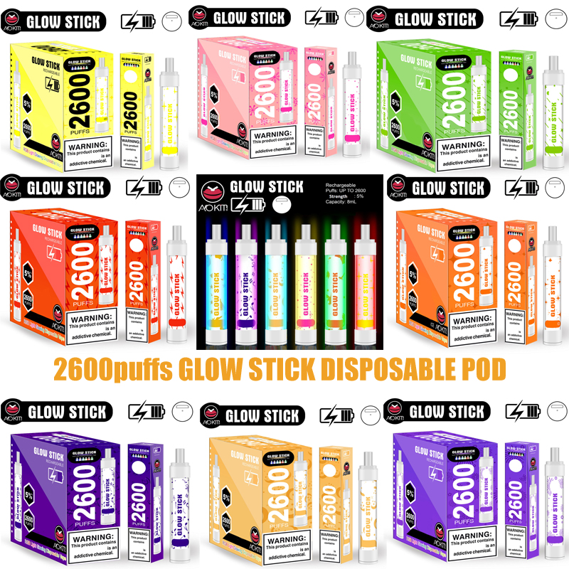 

Authentic Aokit Glow Stick Disposable E-cigarettes 2600puffs with RGB Light Rechargeable 8ml Cartridge Vape pen Bang xxl puff bar plus airbar