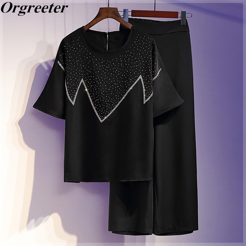 

Plus Size Women Work Wear 2 Pieces set Summer Geometric Chiffon Blouse and Wide leg Pants Suit 210602, White