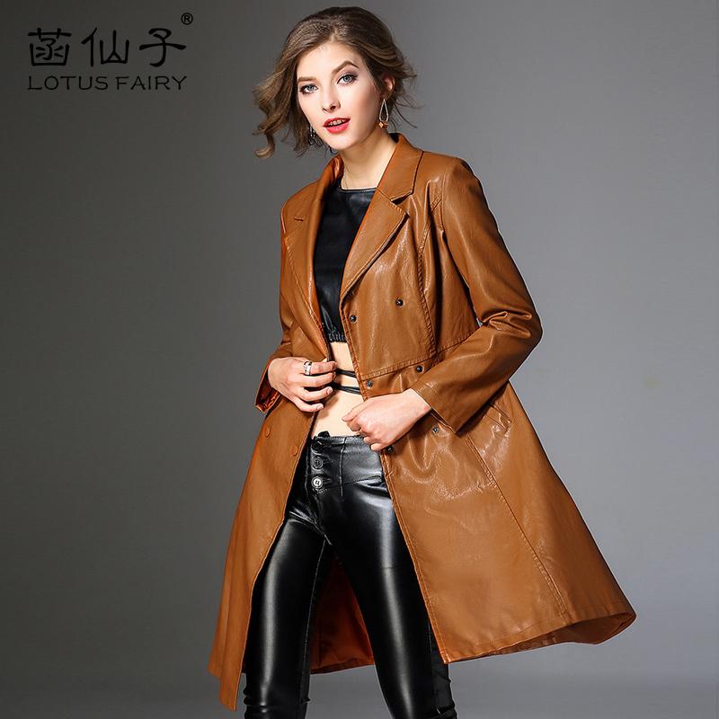 

Women's Leather & Faux PU Medium Double Breasted Windbreaker Plus Size Jacket Women Long Sleeve Slim Outwear Girl Office Lady Coat, Black