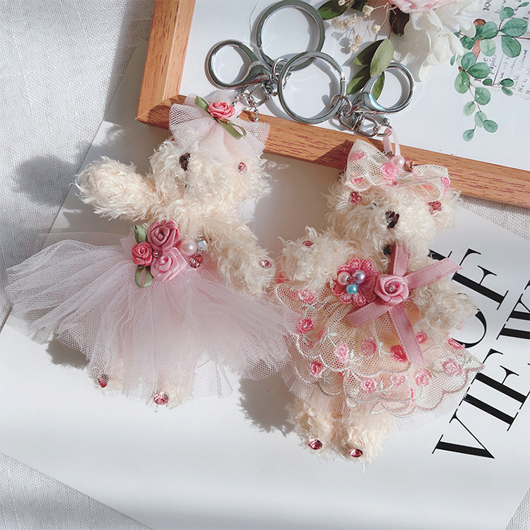

korean lovely wedding dress bear key chain creative plush teddy doll machine car bag pendant, Silver