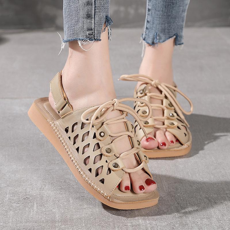 

Sandals YourSeason Ladies Genuine Leather Lace Up Vintage Shoes Flat With 2021 Concise Female Hollow Handmade Sewing, Brown