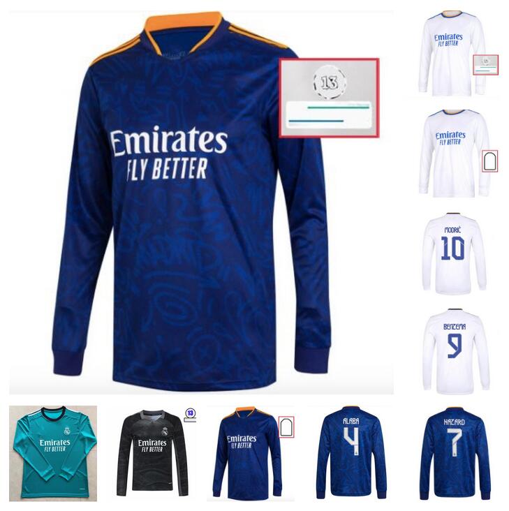 

long sleeve 21 22 Real Madrid home HAZARD Soccer Jersey 2021 Thai Top quality BALE ASENSIO Man Football shirt MODRIC Marcelo Camiseta de Futbol CAMAVINGA