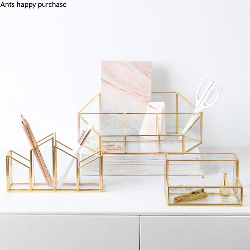 

Bathroom Shelves Nordic Style Copper Glass Office Desktop Jewelry Cosmetic Storage Box Household Stationery Finishing Lipstick Perfume Shelf