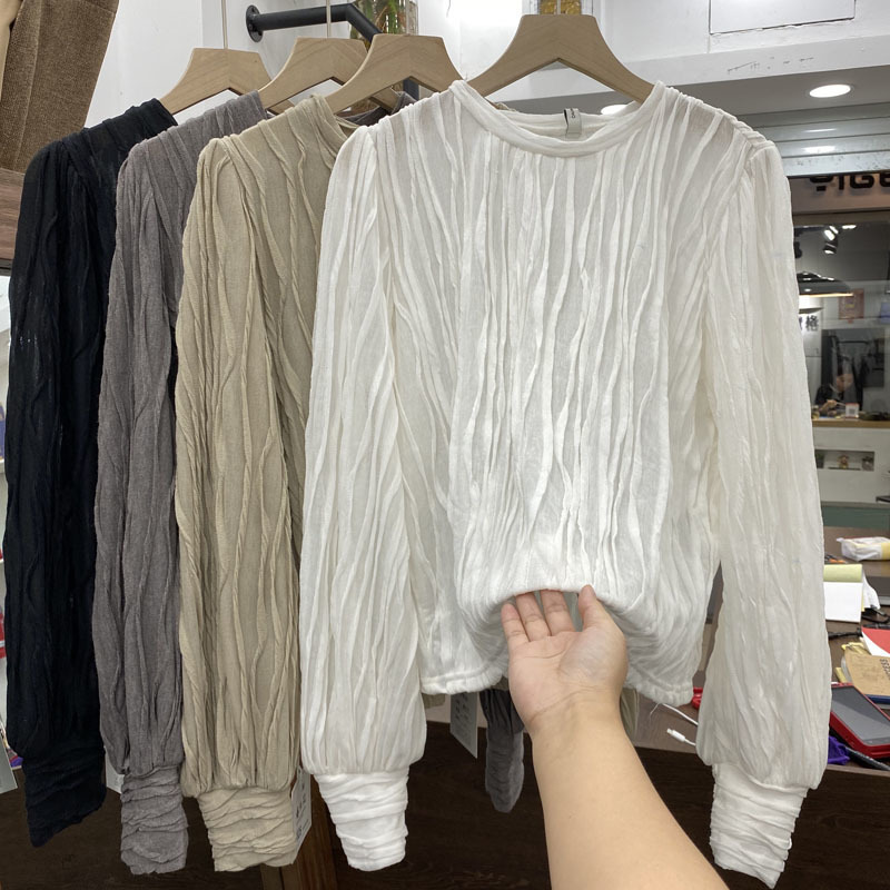 

2021 New Round neck solid color pleated shirt women hedging fashion temperament top 2P1Q, White
