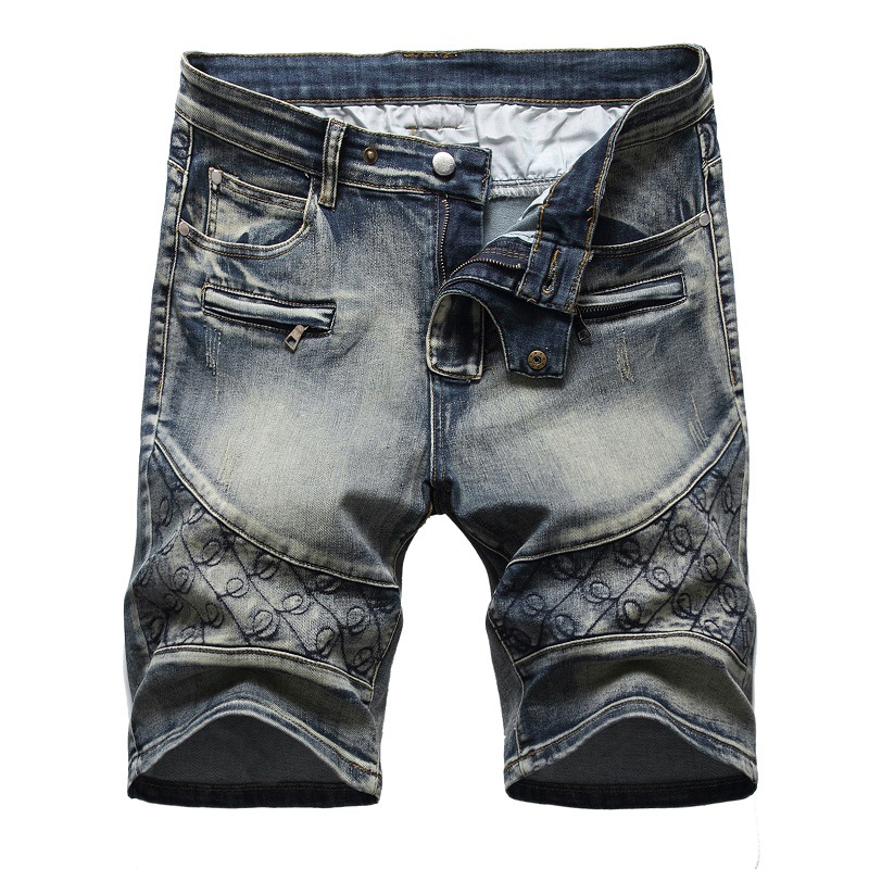 

European and American Jeans embroidered middle trousers stretch hole three-color trendy men's pants 3 colors, Multi