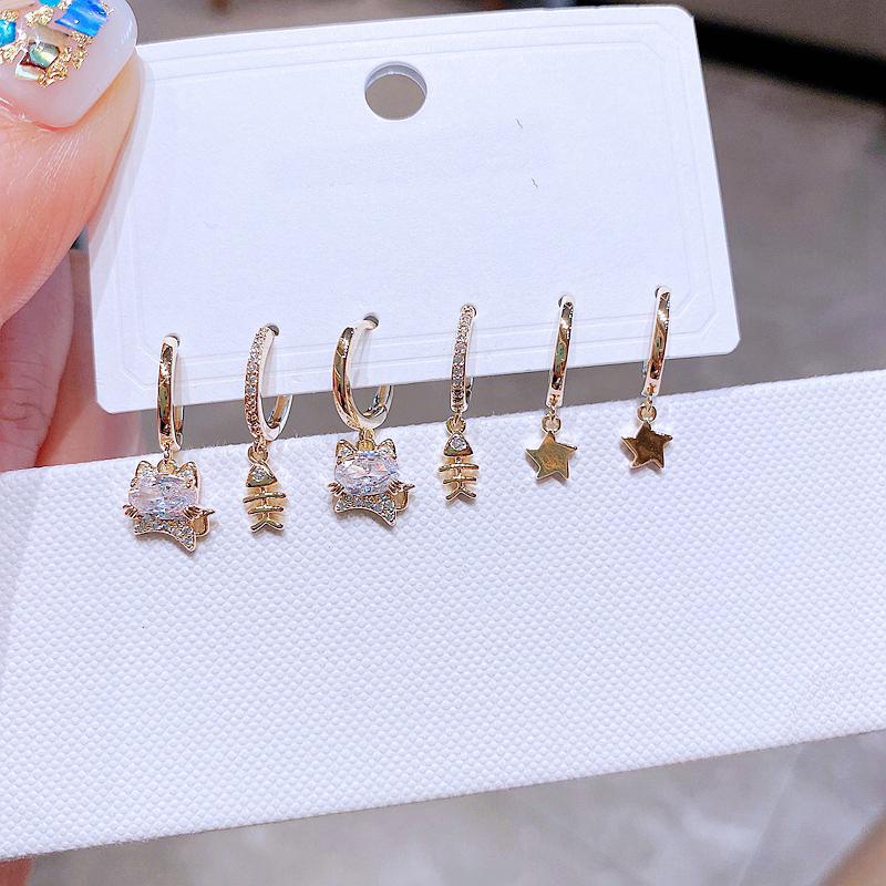

Dangle & Chandelier Trendy 3 Pairs Small Star Fish Cute Cat Hanging Earrings Set For Women Girls Gold Color Cubic Zircon Huggies, Silver