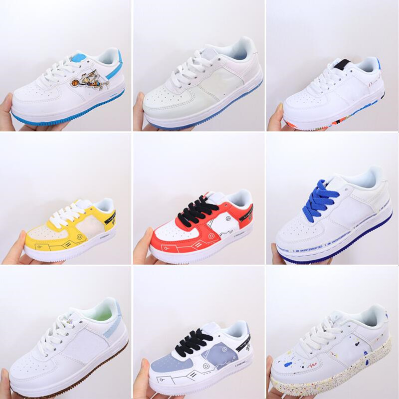 

1 Low All-White Children Boy Girl Kids Basketball Shoes White Black Red Boys&Girls Trainers Space Jam Toon Squads Sneakers