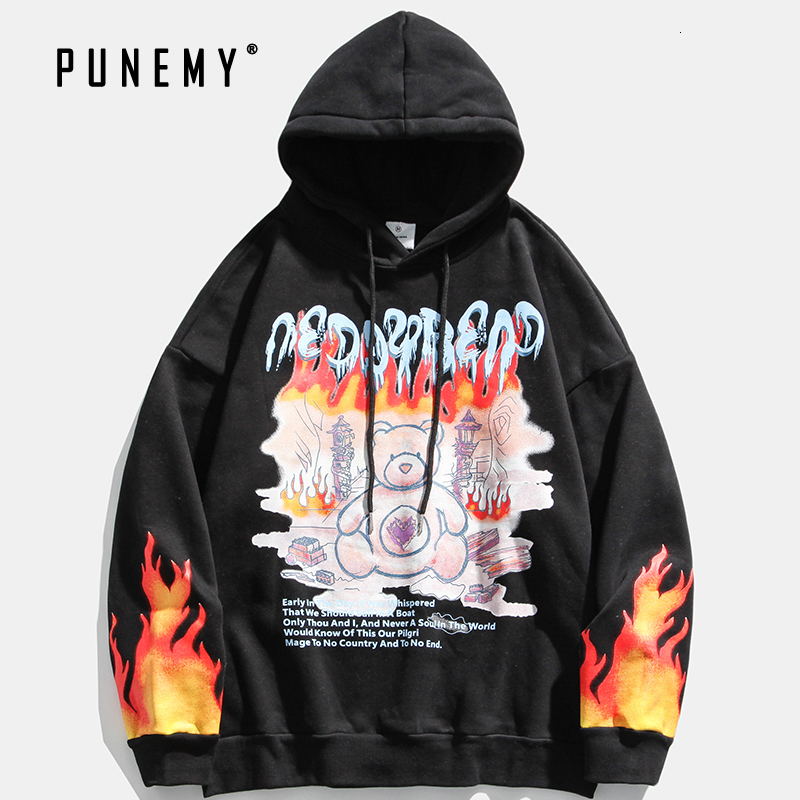 

2021 New Hoodie Men Retro Vintage Flame Bear Pattern Hip Hop Streetwear Sweatshirt 100% Cotton Oversize Hooded Harajuku Male Hoodies 7bku, White