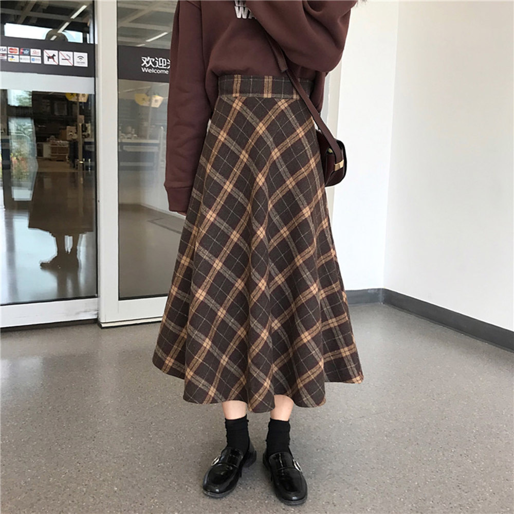 

2021 Japanese Autumn Skirt Spring New Fashion Retro Style Chic Simple Sell High Waist Lattice Weii, Brown