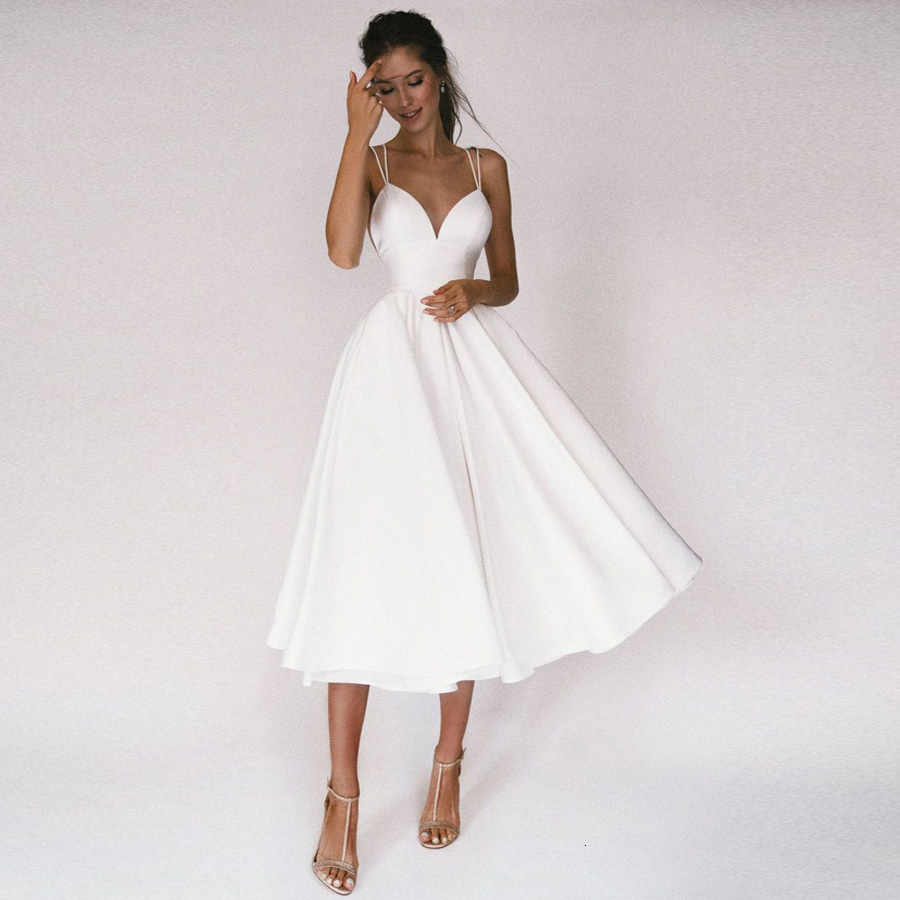 

New Sexy Short Wedding 2021 Thin Straps Criss Cross Simple v Neck Satin a Line Vestidos De Noiva Bride Gown Zn14, Red