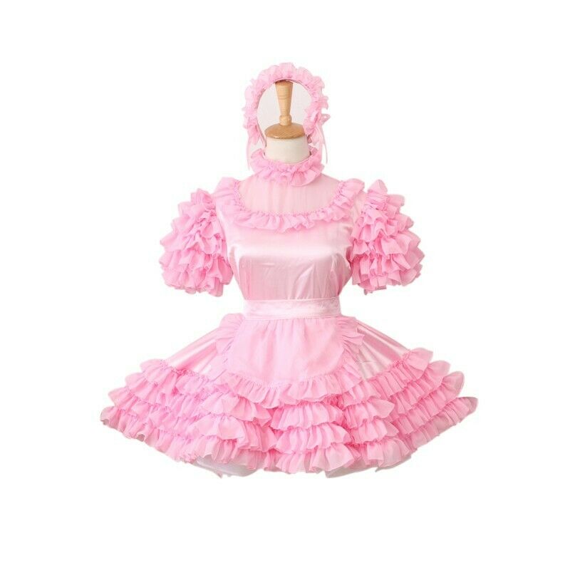 

New Custom made Lockable Sissy Maid Costume Satin Organza Pink Dress Puffy Style Halloween, Photo color
