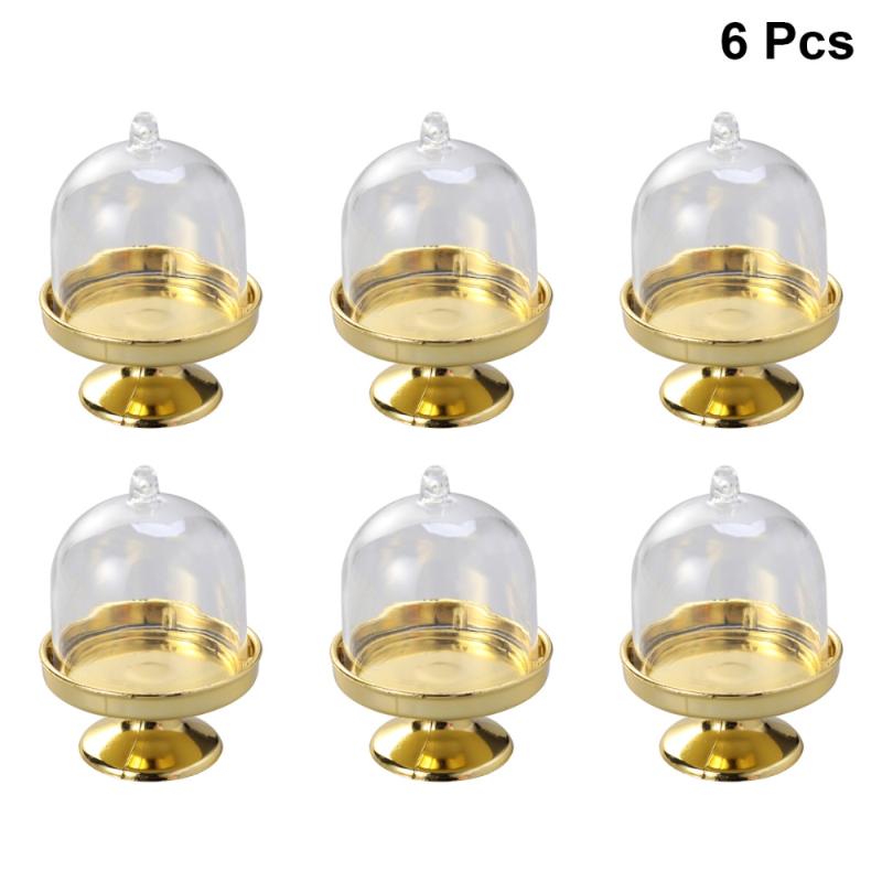 

6pcs Mini Cake Stand Shape Candy Box Transparent Tray Modeling Sugar Holder Wedding Favor Boxes Party Supplies (Golden Base
