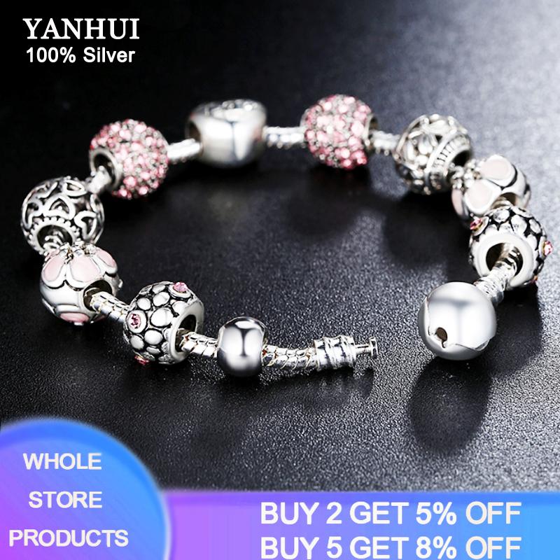 

Other Bracelets YANHUI 2021 Trendy 925 Silver Beads Charms Bracelet Pink Flower Floral Crystal Charm Bangle Women Fashion Jewelry, Golden;silver