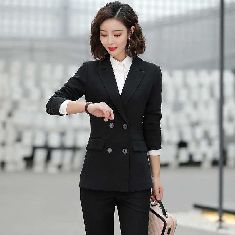 

Casual long-sleeved professional pants suit high quality slim waist double-breasted black blazer Office two-piece 210527