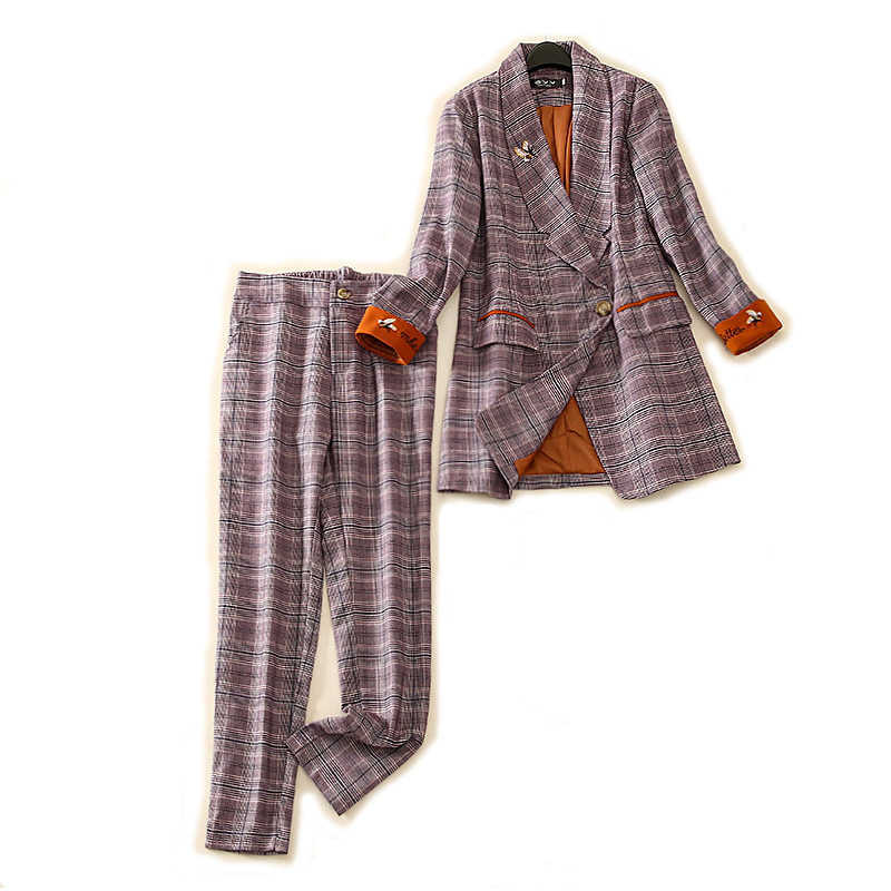 

Autumn and winter professional women's pants two-piece suit Casual elegant butterfly embroidery ladies jacket Check trousers 210527