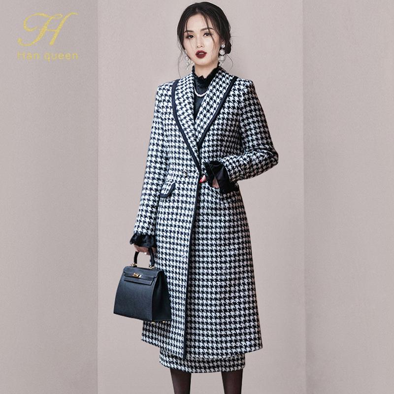 

Women' Trench Coats H Han Queen Korean Chic Women Coat Casual Long Outerwear Autumn Winter Fashion Tweed Houndstooth Windbreaker Femme, Photo