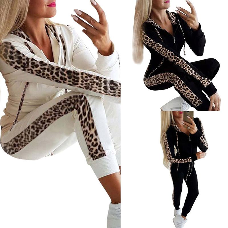 

Women 2 Pieces Tracksuits Hooded Casual Suit Leopard Long Sleeve Sports Tops Pants Tracksuit Sweatshirt Loungewear Sweat, White