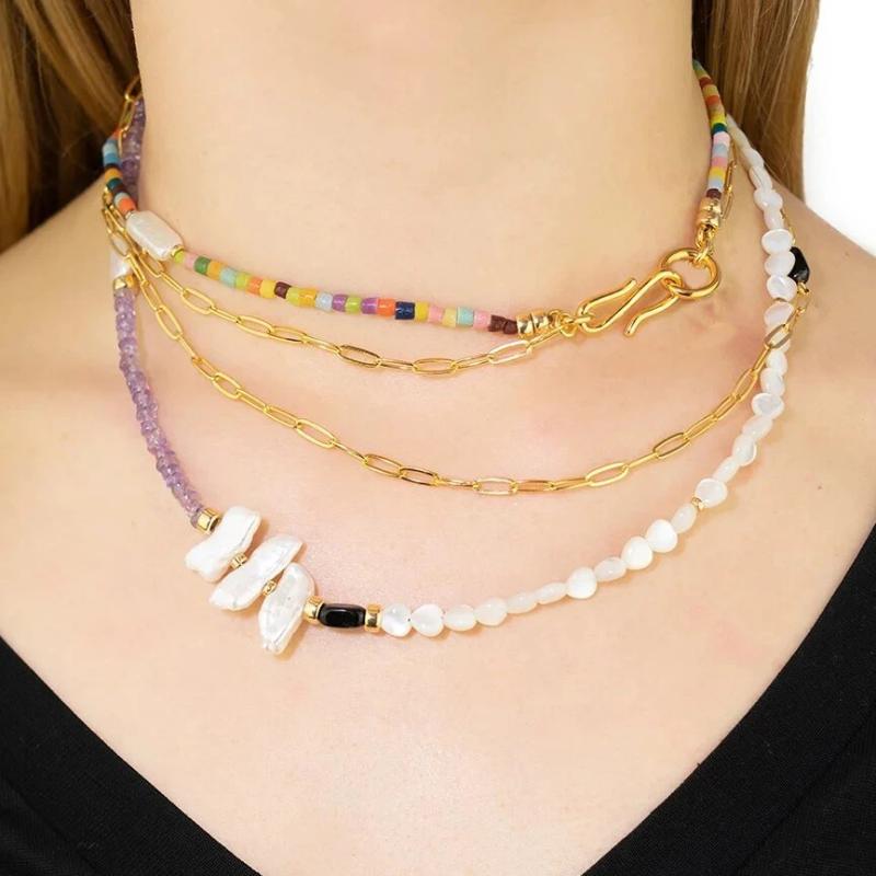 

Pendant Necklaces Fashion Jewelry Bijoux LIZZIE FORTUNATO Take Two Necklace Rainbow Seed Beads Freshwater Pearl Chunky Chain Women Gifts, Silver
