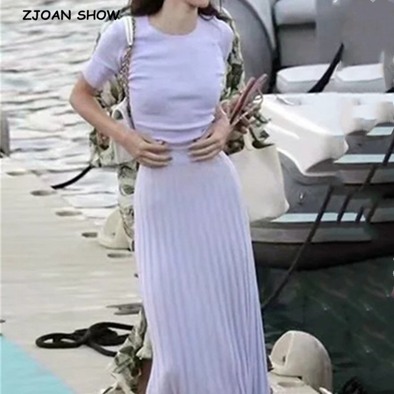 

2021 Summer Knitting Short Sleeve T-shirt Sexy Women Package hips Long Skirt Crop Top Short Pullover Tee Tops 2 Pieces Set, White