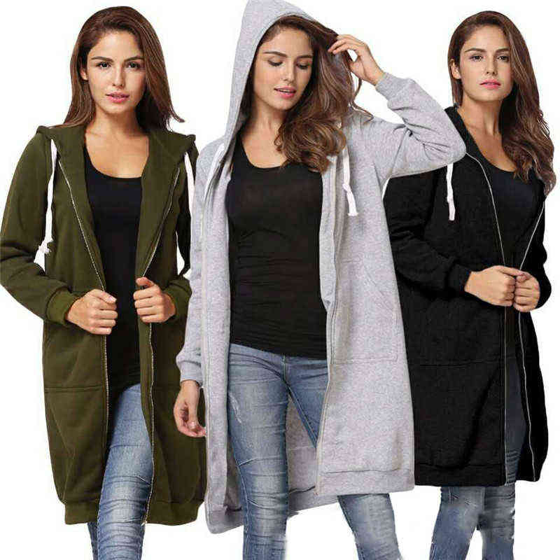 

Autumn Casual Women Long Hoodies Sweatshirt Coat Zip Up Outerwears Hooded Jacket Winter Pockets Outwear Tops 211108, Black