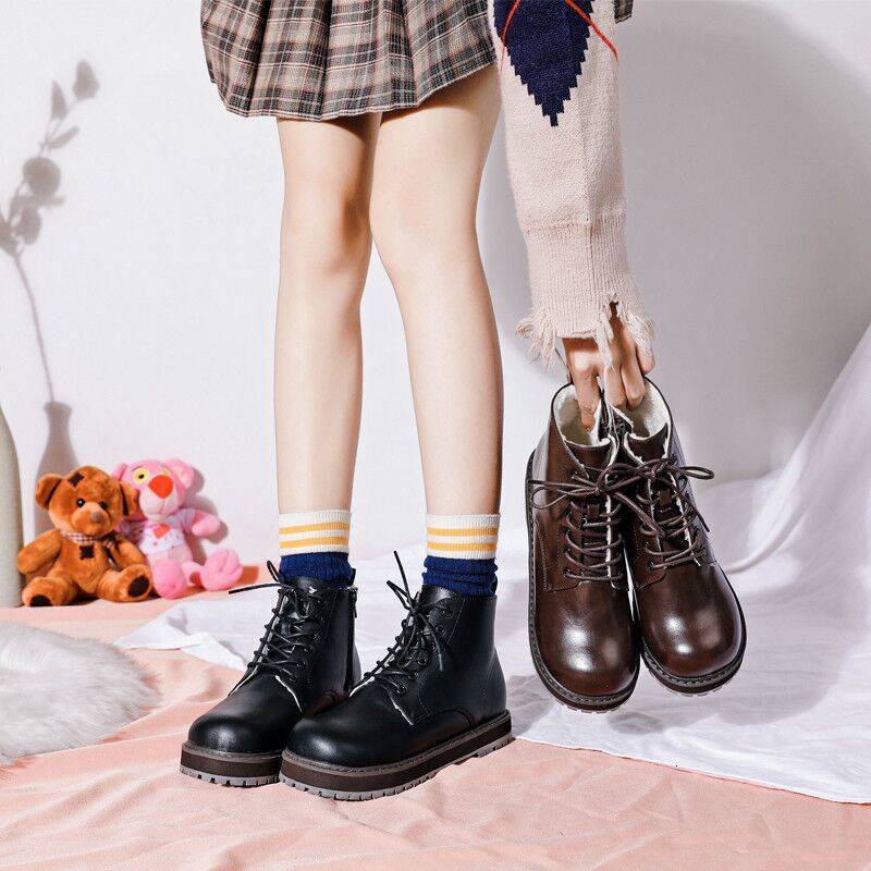 

Winter Plus Velvet 2021 New Round Head Nice Martin Flat Boots Preppy Female Ankles Pu Goth Anime Lolita Snowboots 8zqz, Black