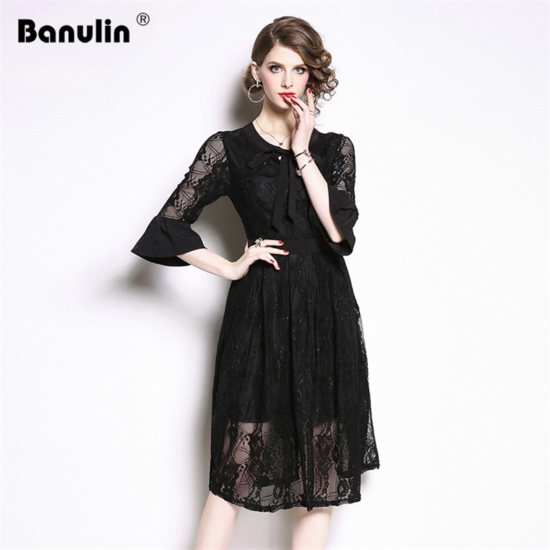 

Banulin Summer Fashion Designer Runway Lace Dress Women's Bow Neck Flare Sleeve A-Line Elegant Office Lady Black 210603