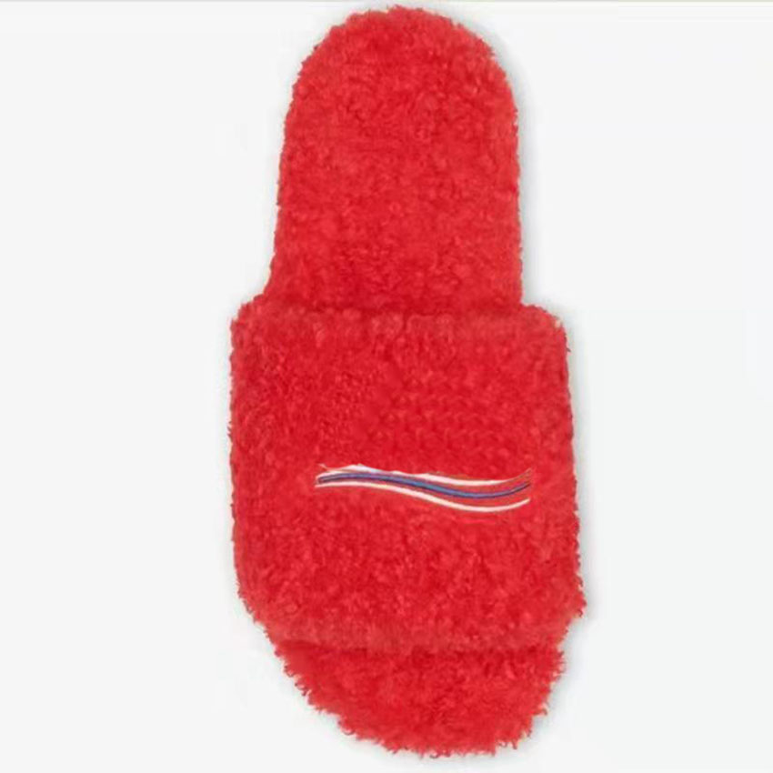 

Women Wool Slippers Designer Luxury Furry Slides Black Faux Wools Leather Embroidered Slipper Brand Autumn Winter Comfortable Slide Fashion features, Box