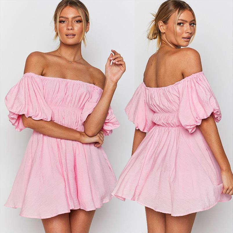 

pink color off shoulder summer women dress lantern sleeve high waist mini dresses, Black;gray