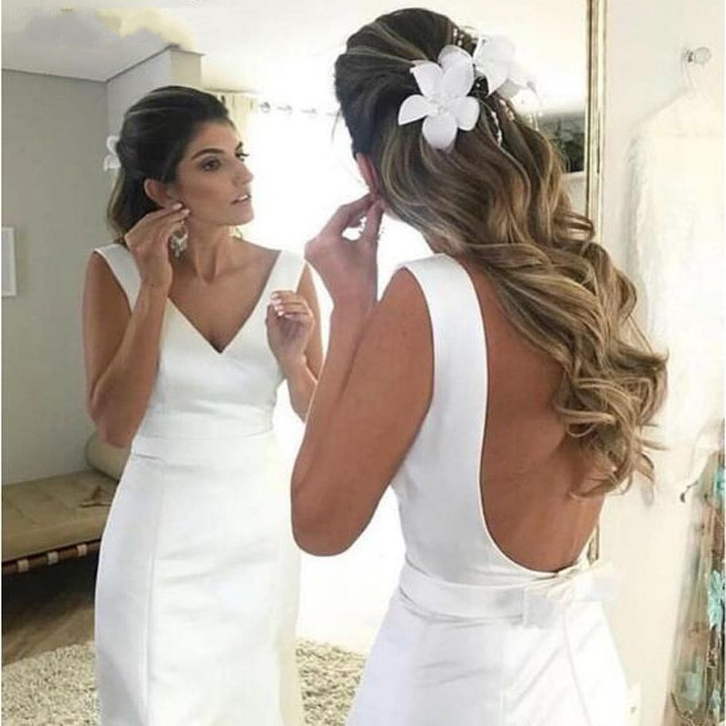 

2021 New Sexy Satin Simple Mermaid Long Wedding Es Backless Bow Sash Beach Bride Gown Vestido Noiva Robe De Mariee 0i4x, Champagne